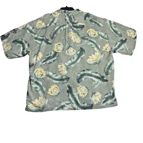 Tommy Bahama Mens XXL Silk Shirt Gray Floral Banana Leaf Aloha Camp Relaxed Fit - Picture 10 of 10